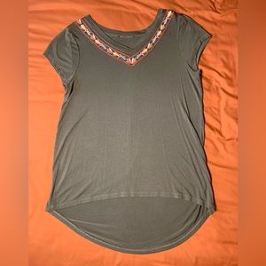 Green embroidered V-Neck Short Sleeve Top Boho Medium